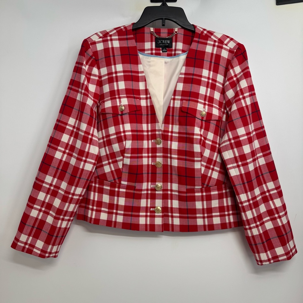 J Crew Collection Size 16 vibrant flame red plaid city wool Lady Jacket BV222 - Picture 3 of 12